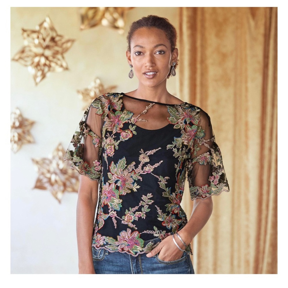 Sundance Beaded Mesh Floral Blouse